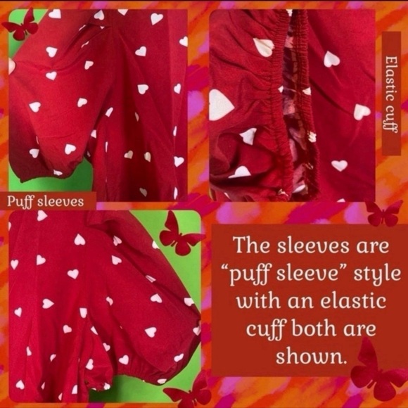 FEMME NWT 4X RED FLIRTY CROP TOP WHITE HEARTS PEPLUM HEM&PUFF SLEEVE - Picture 7 of 12